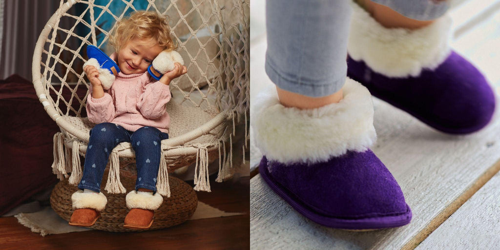 Collage. Left: child sitting in hanging chair wearing brown sheepskin slippers holding blue sheepskin slippers. Right: child's legs wearing jeans and purple sheepskin slippers.