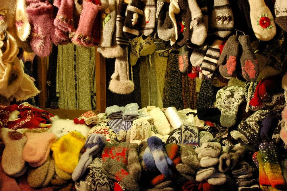 Wool socks and gloves display.