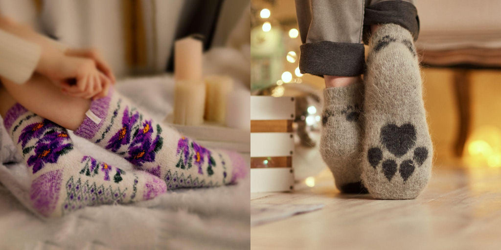 Collage. On the left, woman's legs wearing goat hair socks with purple violets. On the right, woman's feet wearing grey goat hair socks with paw print.