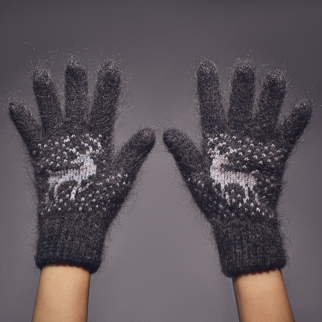 Charcoal goat hair gloves and a light-gray deer design.