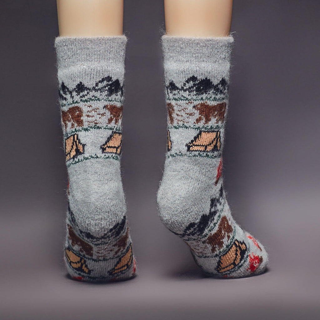 Merino sheep wool grey thick socks with camping design - back view.
