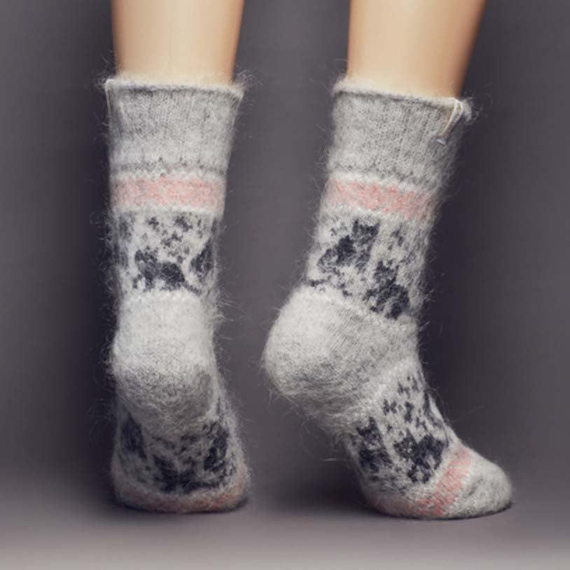 Crew length, warm, fuzzy goat hair socks with a pink, white, and charcoal cat design - back view.