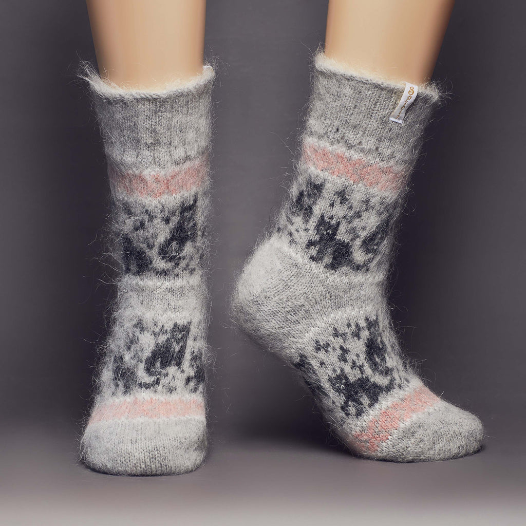 Grey relaxed-fit goat hair grey socks with a pink, white, and charcoal cat design - front view.