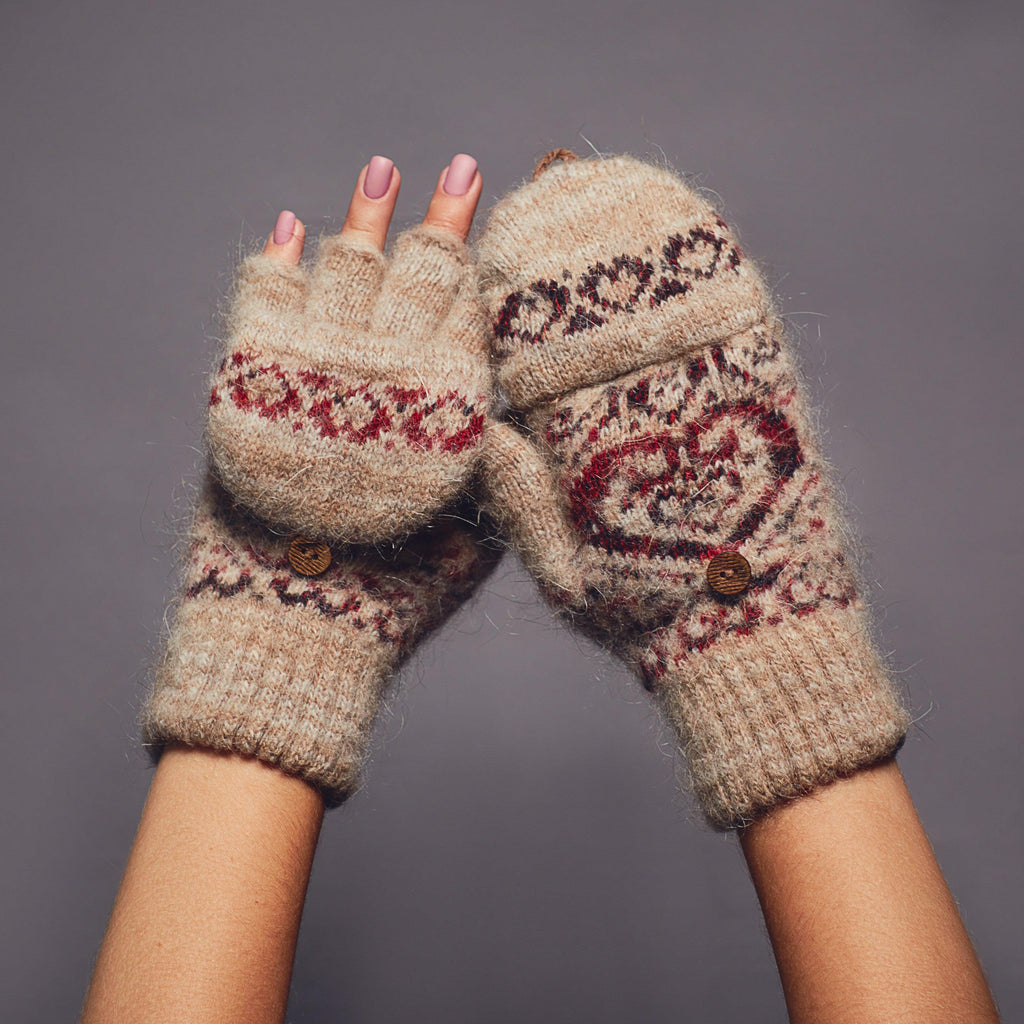 Light-brown goat wool fingerless gloves with a flip with red and black hearts design.