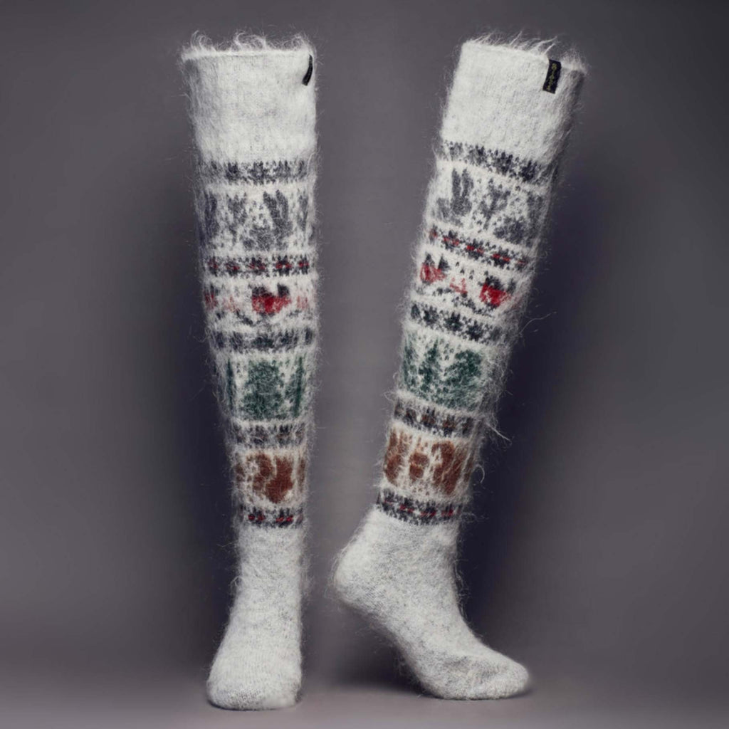 Warm goat hair over-the-knee grey socks with birds and bunnies - front view.