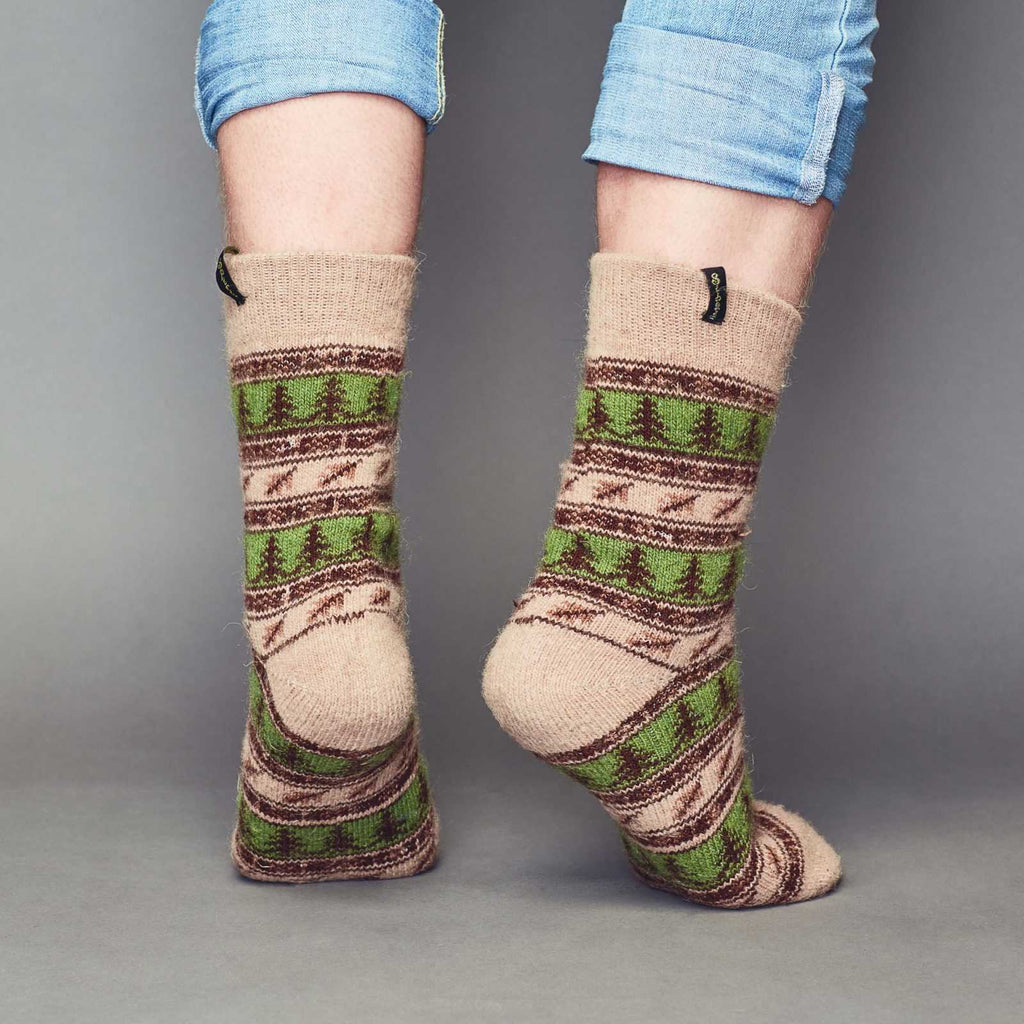 Crew brown and green wool socks with tree design - back view.