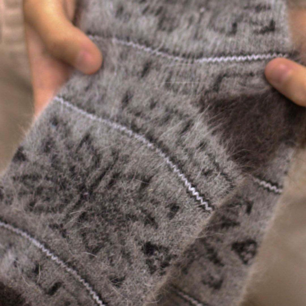 Geometric design medium and dark gray goat wool thick socks.