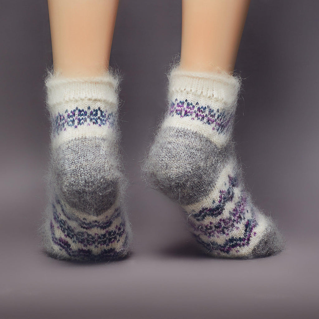 White grey no elastic goat wool socks low-cut length with multicolor purple wave design - back view.