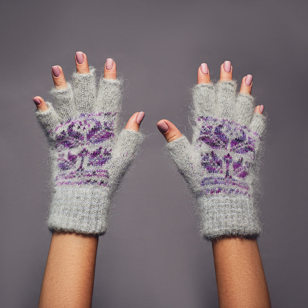 Goat hair light-gray fingerless goat wool gloves with purple tulip design.