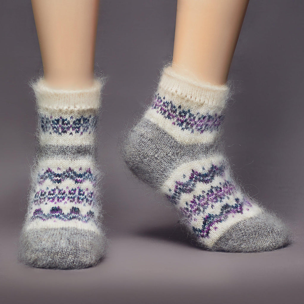 White and grey relaxed fit goat hair socks low-cut length with multicolor purple wave design - front view.