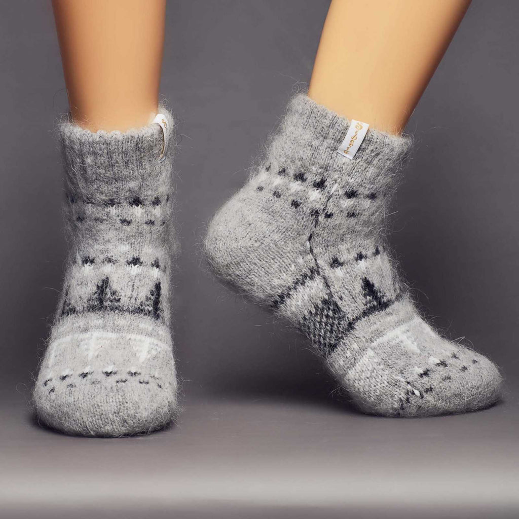 Thick wool grey home socks low-cut length with a black and white tree design - front view.