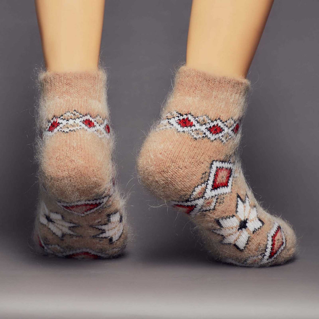 Warm thick wool light-brown socks low-cut length with a western design - back view.