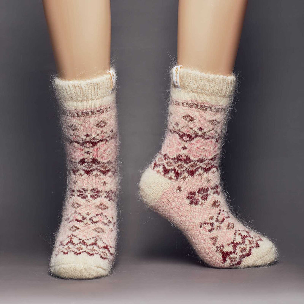 Thick warm white and pink goat hair crew socks - front view.