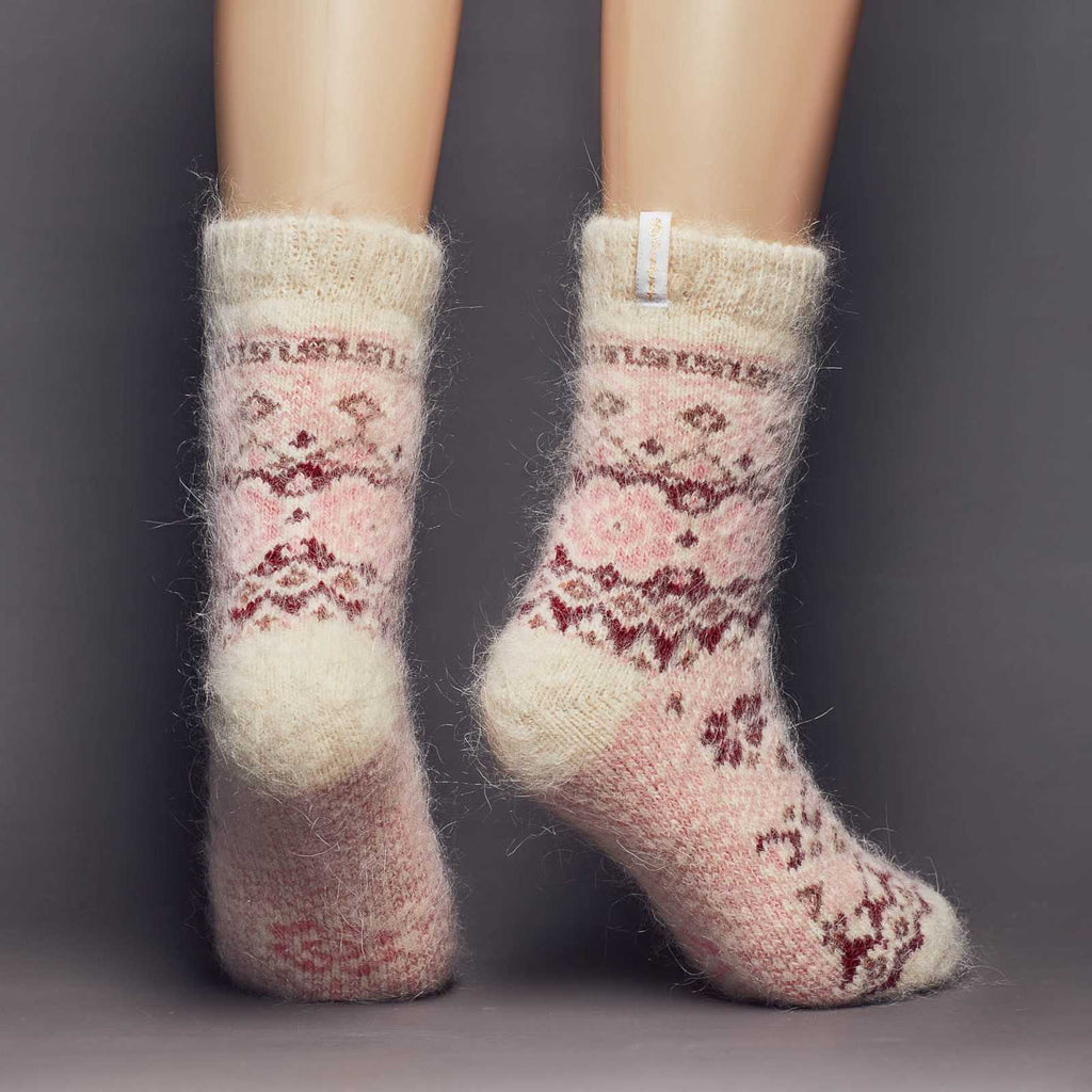 Thick fuzzy white and pink goat hair crew socks - back view.