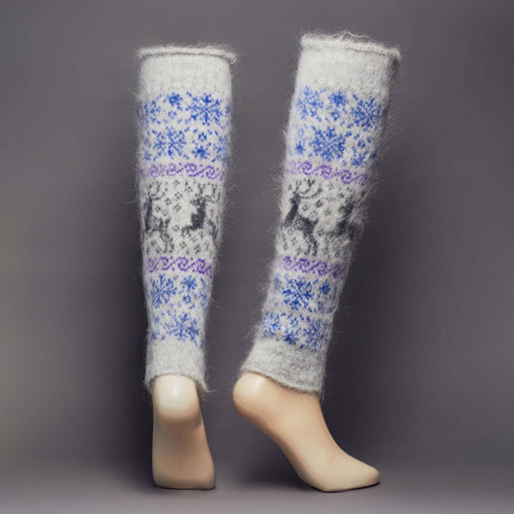 Fuzzy and warm goat wool grey leg warmers with deer and blue snowflakes - back view.